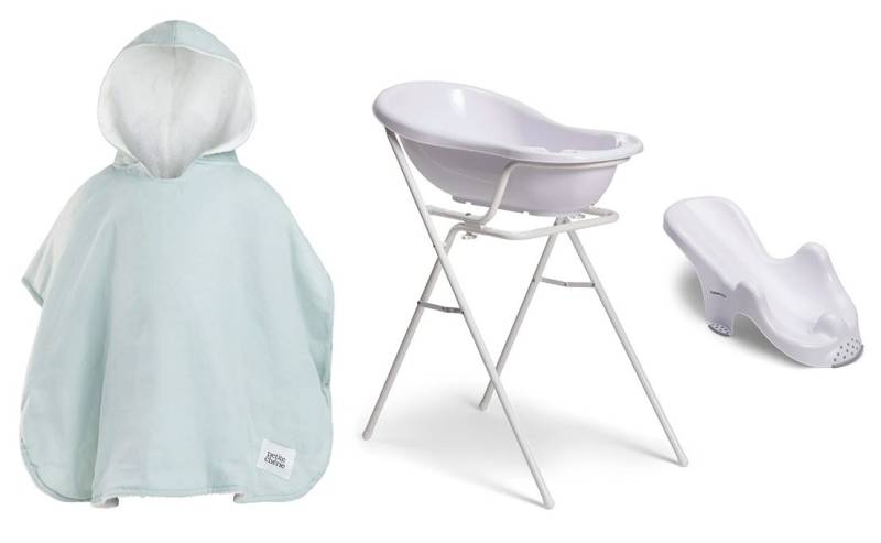 Beemoo CARE Badewanne mit Stativ inkl. Badestütze &  Badecape, White/Blue von Beemoo