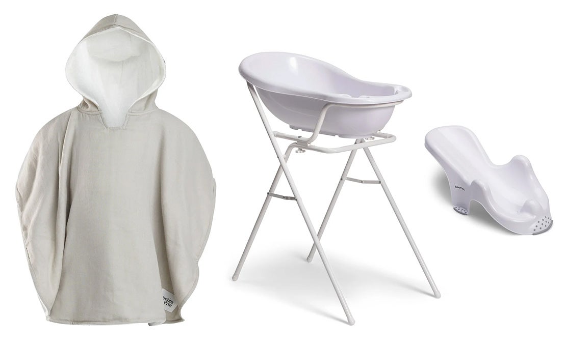 Beemoo CARE Badewanne mit Stativ inkl. Badestütze &  Badecape, White/Grey von Beemoo