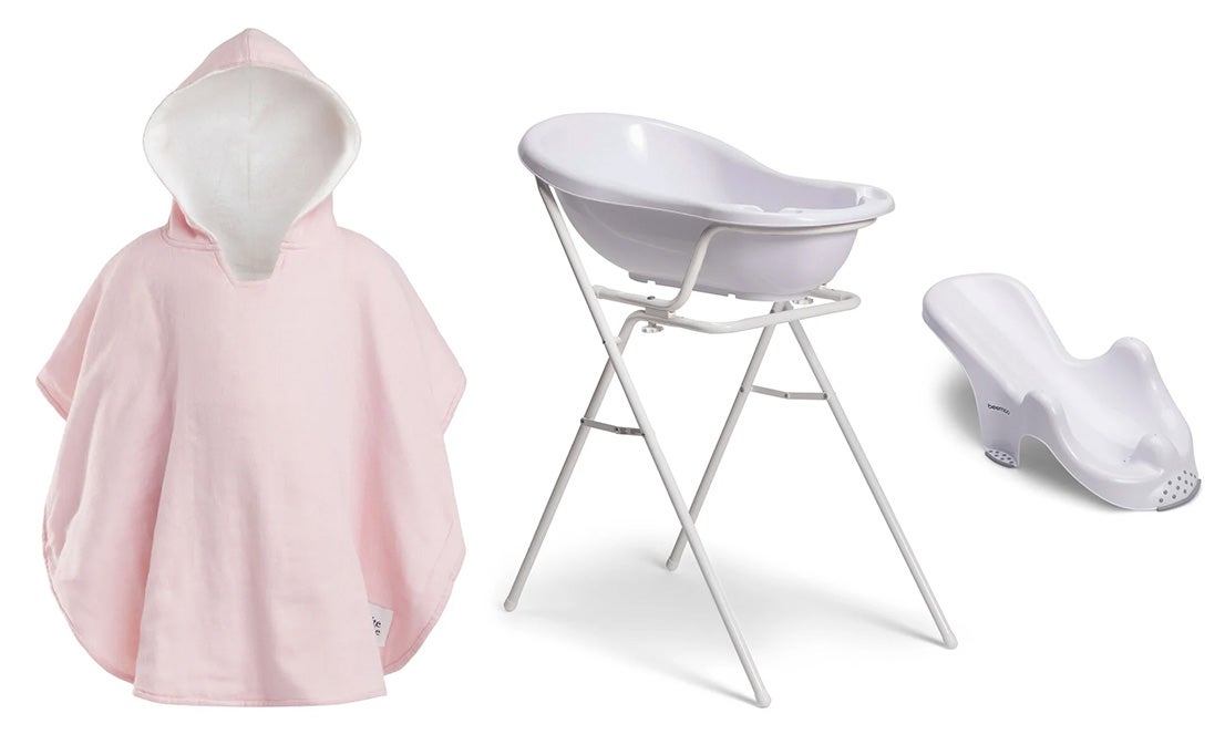 Beemoo CARE Badewanne mit Stativ inkl. Badestütze &  Badecape, White/Pink von Beemoo