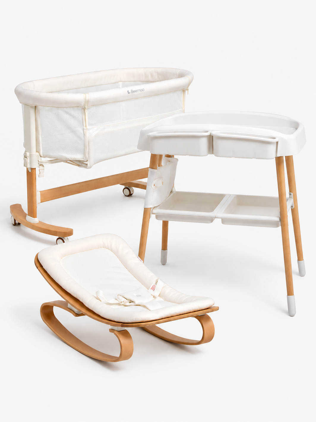 Beemoo Nordic Wickeltisch, Beistellbett & Babywippe, White/Wood Beemoo Nordic Wickeltisch, Beistellbett & Babywippe, White/Wood von Beemoo