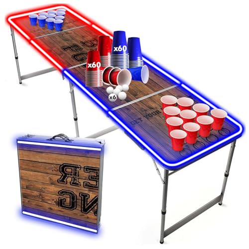 Beer Pong Offizieller Light Tisch Set | Mit LED Beleuchtung | LED Full Pack | Inkl. 1 Tisch + 120 Becher 53cl (60 Rot & 60 Blau) + 6 Ping-Pong-Bälle | Premium Qualität von Beer Pong