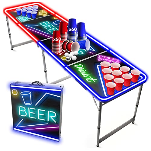 Beer Pong Offizieller Spotlight Tisch Set | Mit LED Beleuchtung | LED Full Pack | Inkl. 1 Tisch + 120 Becher 53cl (60 Rot & 60 Blau) + 6 Ping-Pong-Bälle | Premium Qualität von Beer Pong