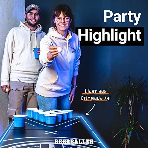 BeerBaller® LED NEON Beer Pong Tisch | LED Beleuchtung (blau/rot) & Kratzfeste Oberfläche | Klappbarer Bier-Pong Tisch mit Bällehalter | Bierpong Tische (Mit Cupholder) von BeerBaller