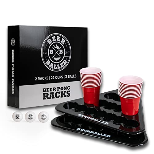 BeerBaller® Racks - Bierpong Set inkl. 2 Bier Pong Racks, 22 Beer Pong Becher & 3 Beerpong Bälle | Mache jeden Tisch zum Beer Pong Tisch! | Trinkspiel | Party Gadgets | Bierpong Tische von BeerBaller