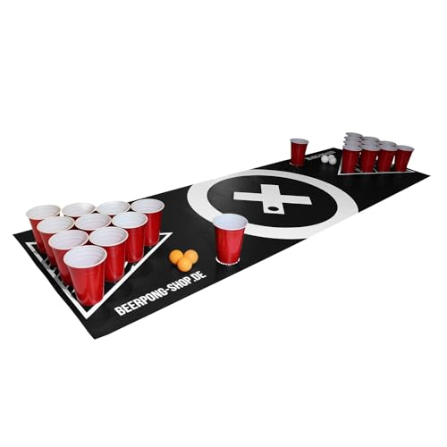 Beercup Bierpong Matte, Beer Pong Set für Erwachsene Partyspiele, Beerpong Tisch-Matte, Tischmatte für Beer Pong Spiel mit 70 Red Cups-Bierpong Becher-Set, Bierpong-Tischmatte mit Leichter Reiniung von BeerCup-Classics