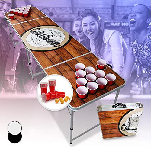 Beercup Bierpong Tische, Beer Pong Set für Partyspiele, Beerpong Tisch Klappbar & Höhenverstellbar, Beer Pong Tisch mit Red Cups-Becherhalter, Bierpong Tisch Wasserfest, Bierpongtisch mit Eisfach von BeerCup-Classics