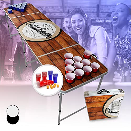 Beercup Bierpong Tische, Beer Pong Set für Partyspiele, Beerpong Tisch Klappbar & Höhenverstellbar, Beer Pong Tisch mit Red Cups-Becherhalter, Bierpong Tisch Wasserfest, Bierpongtisch mit Eisfach von BeerCup-Classics