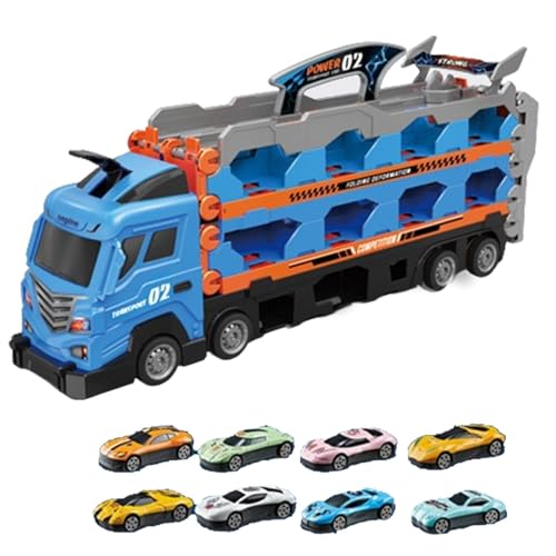 Befeixue Carrier Truck Race Track Kinderspielzeug, Transport Truck mit Auswurfschiene,Tragbarer Autotransporter mit Raupenkette | Zusammenklappbare Aufbewahrungsrennbahn mit 8 Legierungsautos, von Befeixue