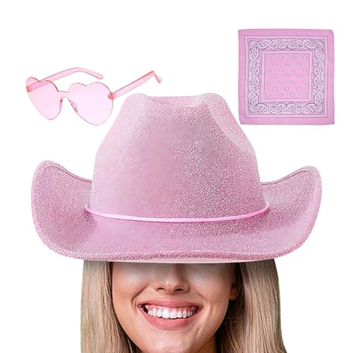 Befeixue Cowgirl-Hüte für Damen, Cowboy-Hut für Damen | Party-Kopfbedeckung, Glitzer-Cowgirl-Hut | 3 glitzernde Hüte mit Bandana und Brille, verstellbarer Westernhut mit Kordelzug, von Befeixue