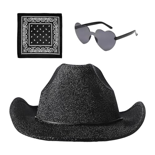 Befeixue Cowgirl-Hut für Damen, Cowgirl-Partyhüte, Party-Kopfbedeckung, Glitzer-Cowgirl-Hut, 3 glitzernde Hüte mit Bandana und Brille, verstellbarer Westernhut mit Kordelzug, Western-Kostümzubehör von Befeixue