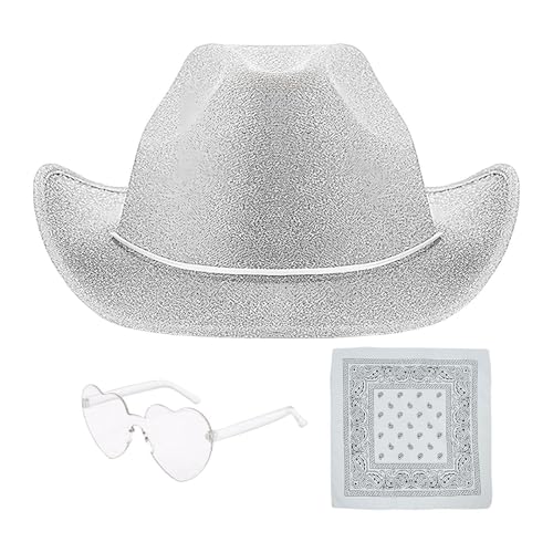 Befeixue Damen Cowboyhut,Damen Cowgirlhut - Party-Kopfbedeckung, Glitzer-Cowgirl-Hut - 3 glitzernde Hüte mit Bandana und Brille, verstellbarer Westernhut mit Kordelzug, Western-Kostümzubehör von Befeixue