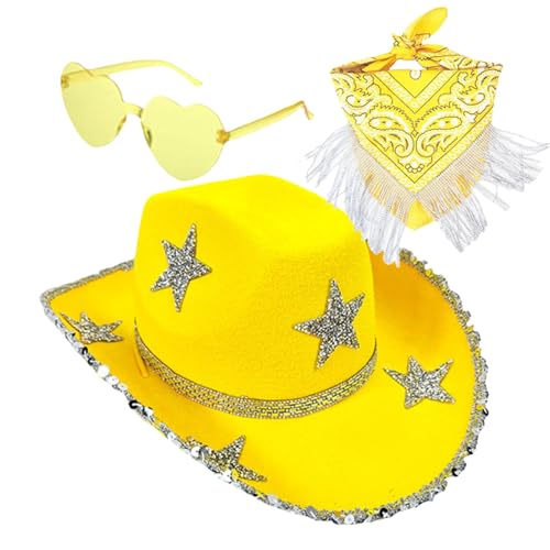 Befeixue Disco-Cowboyhut, Bling-Cowboyhüte für Damen,3X herzförmige Sonnenbrille Cowboyhut | Bling Cowgirl-Hut, Halloween-Partykostüm für Halloween-Rolle von Befeixue