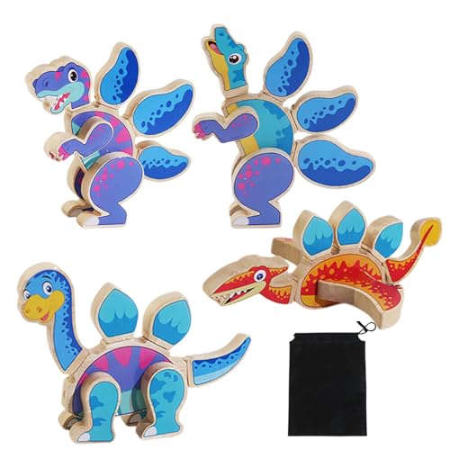 Befeixue Holz-Dinosaurier-Blöcke,Holz-Dinosaurier-Puzzles | Magnetische 3D-Holzpuzzles für Kinder - Mit Aufbewahrungstasche 4X Tierbausteine ​​Puzzle Früherziehung Bauspielzeug von Befeixue