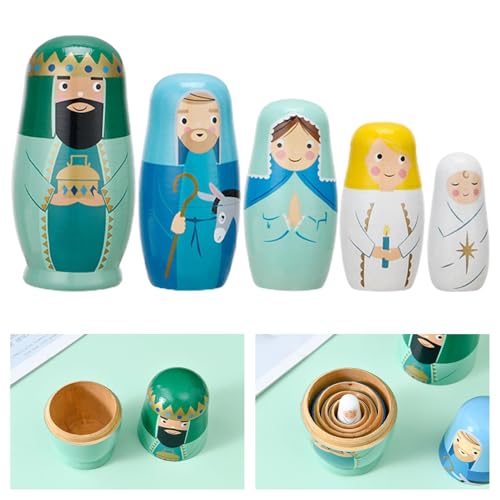 Befeixue Jesus Nistpuppen | 5X Russische Stapelpuppen | Holzkrippe Set Russische Nistpuppen | Russische Matroschka Puppen Aus | Jesus-Nistpuppen Set Für Ostern Weihnachtsdekorationen von Befeixue