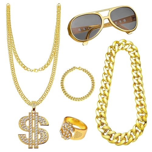 Befeixue Rapper Kostümzubehör | Hip Hop Kostümset | Set Mit 5 Herren Hippie Accessoires | 80er 90er Hip Hop Rapper Kostümset | Gefälschte Goldene Halskette/Kette/Armband, Punk Sonnenbrille von Befeixue