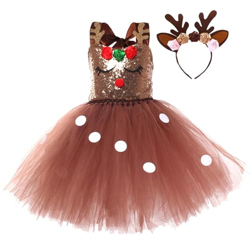 Befeixue Rentierkostüm Kinder | Mädchen Hirsch Tutu Kleider | Hirschkostüm Mit Ohren Stirnband | Weihnachts Elch Kostümkleid Für Mädchen | Weihnachts Tier Cosplay Kostüme Für Kinder von Befeixue