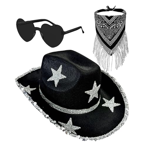 Befeixue Strass Cowboyhut,Disco Cowboyhut | 3X klassischer Glitzer-Cowboyhut mit Sonnenbrille - Halloween-Partykostüm, Cosplay-Zubehör-Set für Damen und Herren von Befeixue