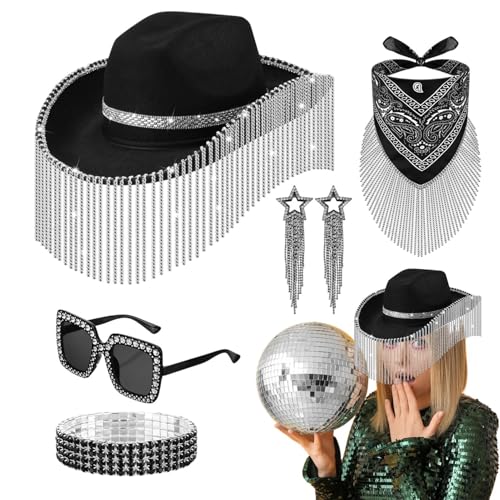 Befeixue Strass Cowgirl Hut,Strass Cowboy Hut Set,5X Glitzer-Cowboyhut-Set | Kostümzubehör für Frauen Cosplay Halloween, Sonnenbrille Bling Armband Quaste Ohrringe Bandana Set von Befeixue