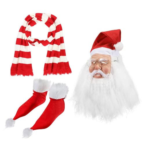 Befeixue Weihnachtskostüme für Erwachsene,Weihnachtsmann-Kostüm | Weihnachts-Vollgesichtsmaske mit Bart und rotem Hut-Design | Cosplay-Kostüm-Requisiten, festliches Schal-Socken-Maskenset für Teenager von Befeixue