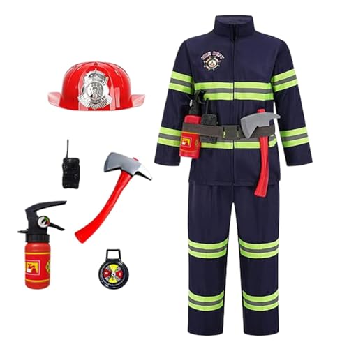 Feuerwehrmann Kostüm Für Kinder | Kinder Feuerwehr Kostüm Set | Feuerwehrmann Rollenspiel Kostüm | Feuerwehrchef Rollenspiele Outfit | Feuerwehrmann Cosplay Kostüm Zubehör Für Halloween Partys von Befeixue