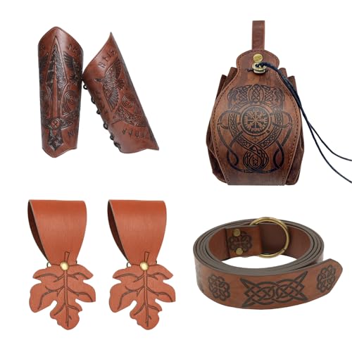 Begonia 4 Stück Mittelalter Kleidung Set, Wikinger Kleidung Damen Herren, Armschienen Mittelalter, Mittelalter Gürteltasche Gürtel, Wikinger Piraten Hexe Kostüm für Cosplay Party von Begonia