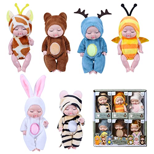 6 Stück Mini Reborn Puppen, 4,33 Zoll Silikon Baby Puppen,Mini Schlafende Wiedergeburt Puppen mit Kleidung Set,Baby Puppe Waschbares für Mädchen,Kleinkinder,Kinder von Begonia