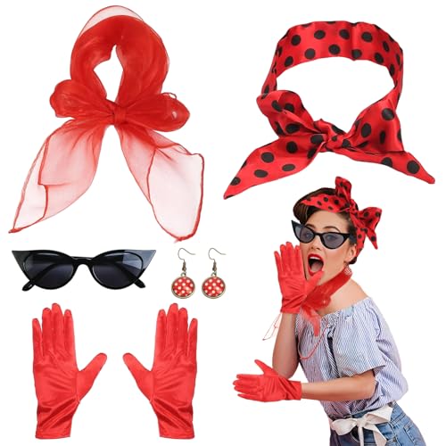 Beibeijia 5TLG Rockabilly accessoires damen, 50er Jahre Damen Kleid Zubehör, 1950s Kostüm Set mit Chiffon Schal Polka Dot Stirnband Katzen Auge Brille Ohrstecker Handschuh für Motoparty Retro Party von Beibeijia