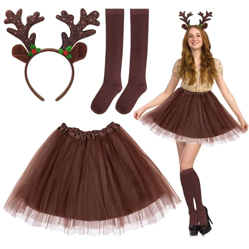 Beibeijia 3er Reh Kostüm Damen, Rentier Kostüm Damen mit Geweih Haarreif und Reh Damen Tüllrock und Socken, Karneval Kostüm Damen Reh, Tierkostüm Erwachsene für Halloween Weihnachten Cosplay von Beibeijia