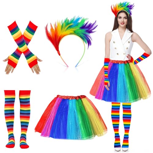 Karneval Regenbogen Kostüm Damen, 4er Regenbogen Kostüm, Karneval Kostüm Damen, Regenbogen Tüllrock Damen, mit Feder Haarreif Regenbogen Kniestrümpfe Fingerlose Handschuhe, für Karneval Party von Beibeijia