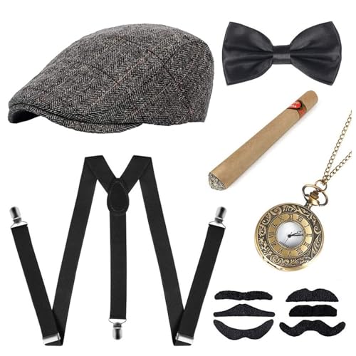 20er Jahre Kostüm Herren, Mafia Kostüm Accessoires Herren, Gangster Kostüm Herren, Peaky Blinders Kostüm mit Hut Verstellbar Hosenträger Taschenuhr Fliege Krawatten Bärte für Karneval Partys von Beichwtd