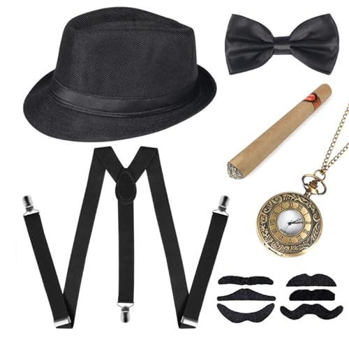 20er Jahre Kostüm Herren, Mafia Kostüm Accessoires Herren, Peaky Blinders Kostüm, Gangster Kostüm Herren mit Hut Verstellbar Hosenträger Taschenuhr Fliege Krawatten Bärte für Karneval Partys von Beichwtd