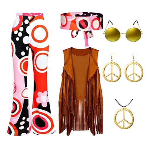 60er 70er Jahre Hippie Kostüm Damen Set, mit Fransenweste Schlaghose, Flower Power Kleidung, Karnevalskostüm, 70er Hippie Accessoires Hippie Kleidung Damen Disco Outfit Faschingskostüme Mädchen (S-XXL von Beichwtd