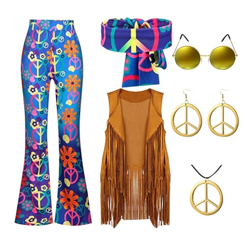 60er 70er Jahre Hippie Kostüm Damen Set, mit Fransenweste Schlaghose, Flower Power Kleidung, Karnevalskostüm, 70er Hippie Accessoires Hippie Kleidung Damen Disco Outfit Faschingskostüme Mädchen (S-XXL von Beichwtd