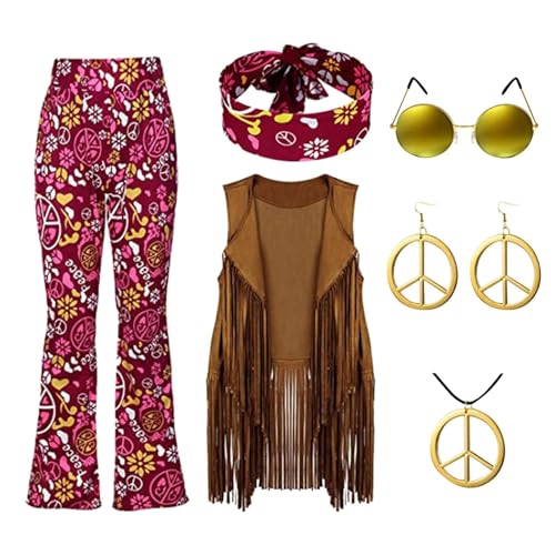 60er 70er Jahre Hippie Kostüm Damen Set, mit Fransenweste Schlaghose, Flower Power Kleidung, Karnevalskostüm, 70er Hippie Accessoires Hippie Kleidung Damen Disco Outfit Faschingskostüme Mädchen (S-XXL von Beichwtd