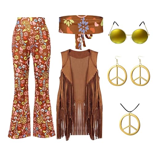 60er 70er Jahre Hippie Kostüm Damen Set, mit Fransenweste Schlaghose, Flower Power Kleidung, Karnevalskostüm, 70er Hippie Accessoires Hippie Kleidung Damen Disco Outfit Faschingskostüme Mädchen (S-XXL von Beichwtd