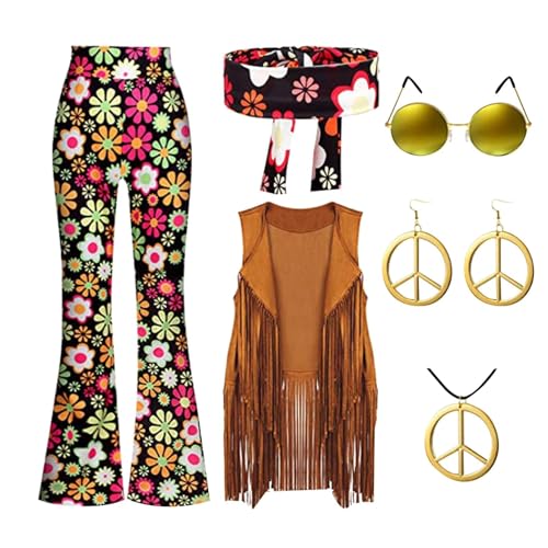 60er 70er Jahre Hippie Kostüm Damen Set, mit Fransenweste Schlaghose, Flower Power Kleidung, Karnevalskostüm, 70er Hippie Accessoires Hippie Kleidung Damen Disco Outfit Faschingskostüme Mädchen (S-XXL von Beichwtd