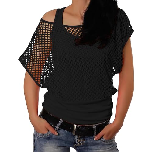 90er 80er Jahre Outfit Damen, Netzoberteil Accessoire Off Shoulder Netzshirt 80erJahre Kleidung 80iger Schlagerparty Bad Taste Frauen Neon Party Rosa Wildparty Kostüm, Fischnetzoberteil für Damen von Beichwtd