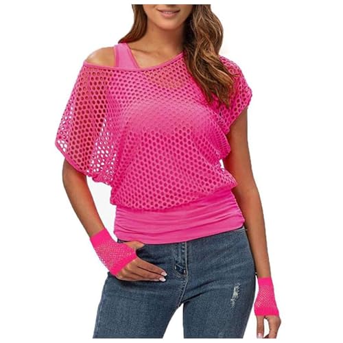 90er 80er Jahre Outfit Damen, Netzoberteil Accessoire Off Shoulder Netzshirt 80erJahre Kleidung 80iger Schlagerparty Bad Taste Frauen Neon Party Rosa Wildparty Kostüm, Fischnetzoberteil für Damen von Beichwtd