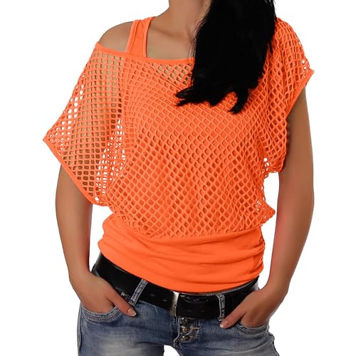 90er 80er Jahre Outfit Damen, Netzoberteil Accessoire Off Shoulder Netzshirt 80erJahre Kleidung 80iger Schlagerparty Bad Taste Frauen Neon Party Rosa Wildparty Kostüm, Fischnetzoberteil für Damen von Beichwtd