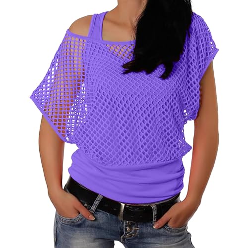 90er 80er Jahre Outfit Damen, Netzoberteil Accessoire Off Shoulder Netzshirt 80erJahre Kleidung 80iger Schlagerparty Bad Taste Frauen Neon Party Rosa Wildparty Kostüm, Fischnetzoberteil für Damen von Beichwtd