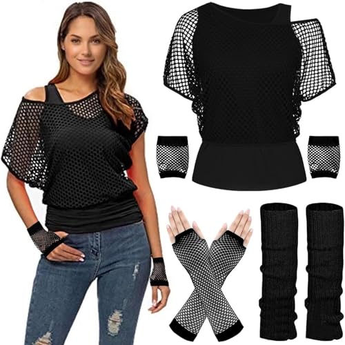 90er 80er Jahre Outfit Damen, Netzoberteil Accessoire Off Shoulder Netzshirt 80erJahre Kleidung 80iger Schlagerparty Bad Taste Frauen Neon Party Rosa Wildparty Kostüm, Fischnetzoberteil für Damen von Beichwtd