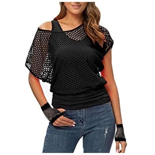 90er 80er Jahre Outfit Damen, Netzoberteil Accessoire Off Shoulder Netzshirt 80erJahre Kleidung 80iger Schlagerparty Bad Taste Frauen Neon Party Rosa Wildparty Kostüm, Fischnetzoberteil für Damen von Beichwtd