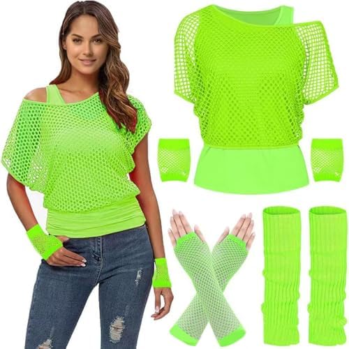 90er 80er Jahre Outfit Damen, Netzoberteil Accessoire Off Shoulder Netzshirt 80erJahre Kleidung 80iger Schlagerparty Bad Taste Frauen Neon Party Rosa Wildparty Kostüm, Fischnetzoberteil für Damen von Beichwtd