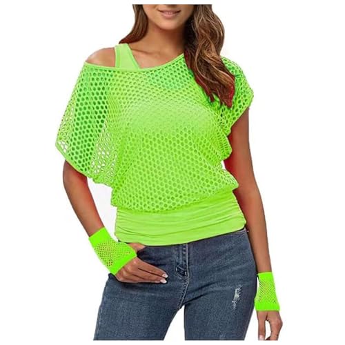 90er 80er Jahre Outfit Damen, Netzoberteil Accessoire Off Shoulder Netzshirt 80erJahre Kleidung 80iger Schlagerparty Bad Taste Frauen Neon Party Rosa Wildparty Kostüm, Fischnetzoberteil für Damen von Beichwtd