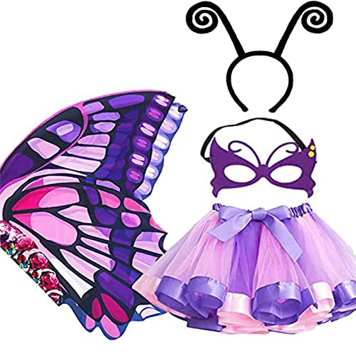 Beichwtd 4 Stück Kostüm Schmetterling Kinder, Umhang Kostüm mit Bunte Flügel, Maske, Tüllrock, und Haarreif, Mädchen Schmetterlingsflügel für Faschingskostüme,Cosplay,Fasching,Mottoparty,Karneval von Beichwtd