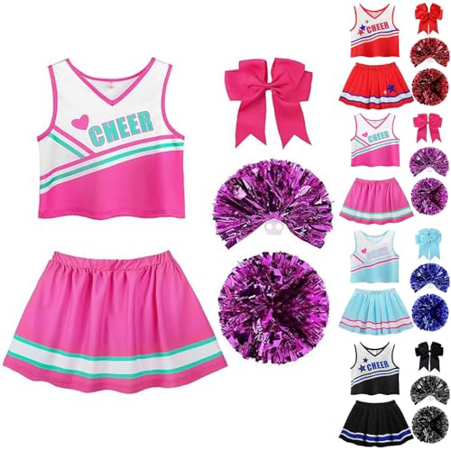 Beichwtd Cheerleader Kostüm Kinder Kleid, mit Pompoms und Kopfschmuck, Cheerleadering Outfit Mädchen Kinderkostüm Cheerleade Kinder Cheer Outfit für Karneval Halloween,Fasching,Mottoparty von Beichwtd