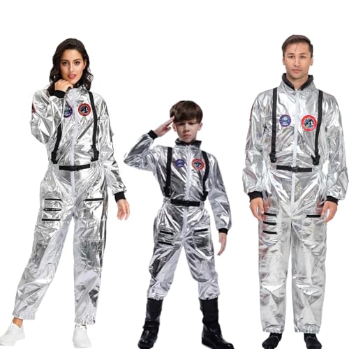 Beichwtd Faschingskostüme Kinder Mädchen, Astronaut Kostüm Herren Dame Kinder, Astronauten Weltraum Raumfahrer Halloween Cosplay Faschingskostüme Space Jumpsuit Silber Weltall Kostüm Faschingskostüme von Beichwtd