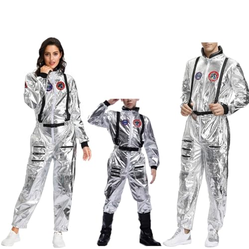 Beichwtd Faschingskostüme Männer, Astronaut Kostüm Herren Dame Kinder, Astronauten Weltraum Raumfahrer Halloween Cosplay Faschingskostüme Space Jumpsuit Silber Weltall Kostüm Faschingskostüme von Beichwtd