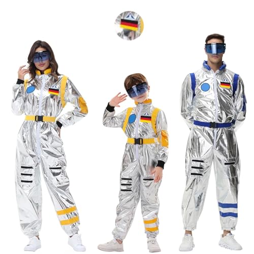 Beichwtd Kostüm Erwachsene, Astronaut Kostüm Herren Dame Kinder, Astronauten Weltraum Raumfahrer Halloween Cosplay Faschingskostüme Space Jumpsuit Silber Weltall Kostüm Faschingskostüme von Beichwtd