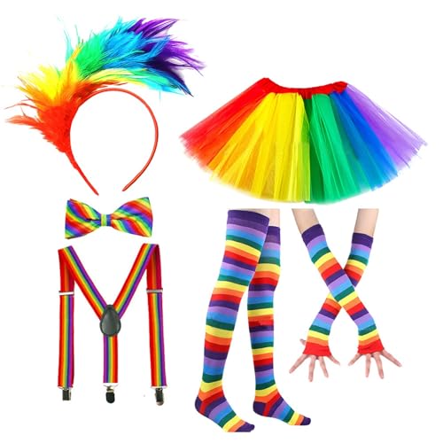 Beichwtd Regenbogen Tüllrock,Karneval Kostüm Damen,mit Riemen,Bunt Feder Stirnband,Damen TüLlrock, Regenbogen Rock Damen Tüll,Tütü Damen,Regenbogen Kostüm,für Karneval,Halloween,Mottoparty,Fasching von Beichwtd